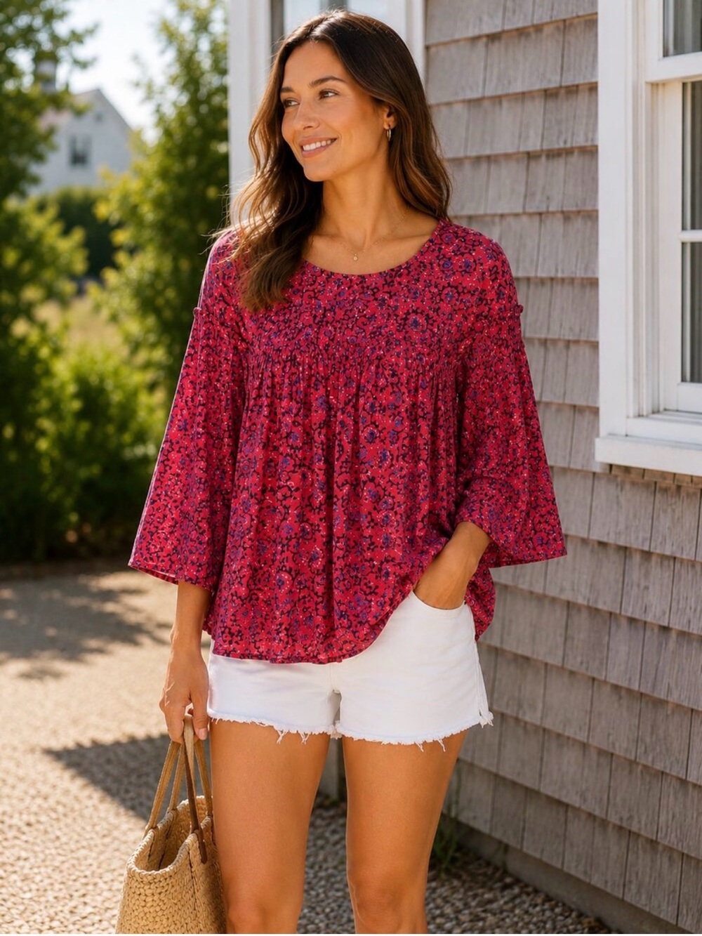 GAP Red Floral Smocked-Yoke Peasant Blouse